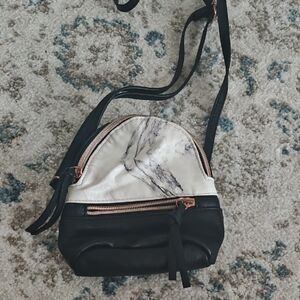 Marble-Accent Mini Crossbody Bag in Black and Cream